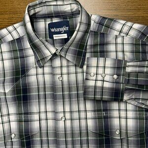 Wrangler Blue green White‎ Plaid Western Snap Shirt M 100% Cotton Long Sleeve